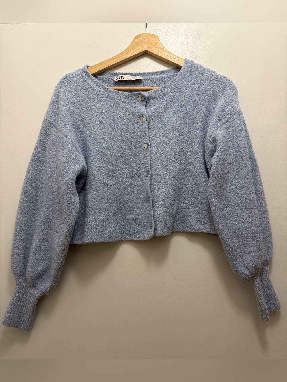 Zara Powder Blue Bouclé Cropped Button-Front Cardigan